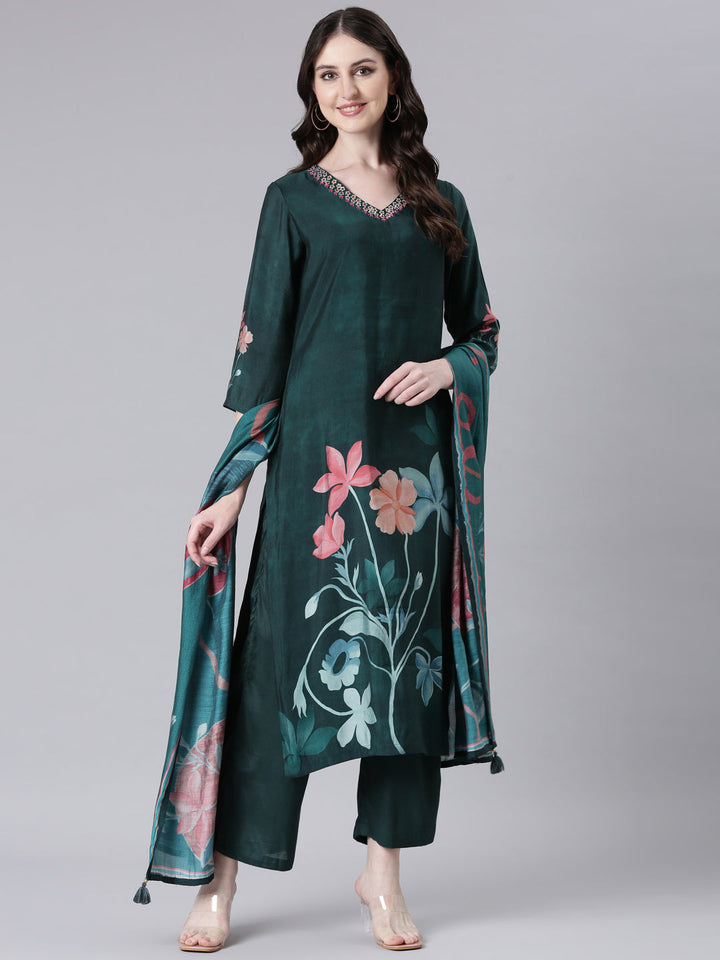 Neerus Green Printed Straight Kurta and Trousers With Dupatta