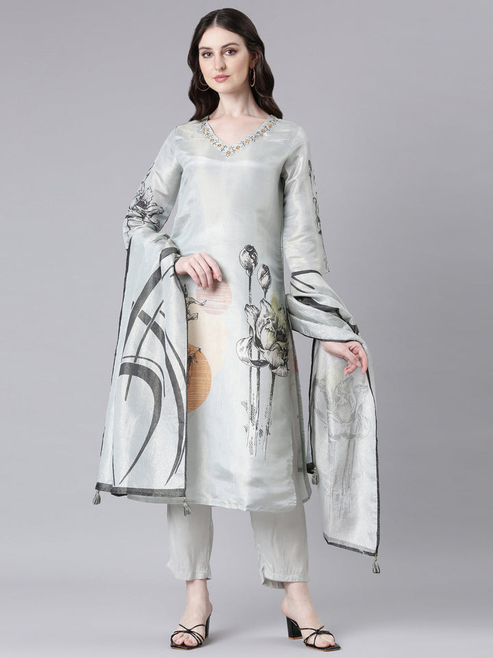 Neerus Grey Printed Straight Kurta and Trousers With Dupatta