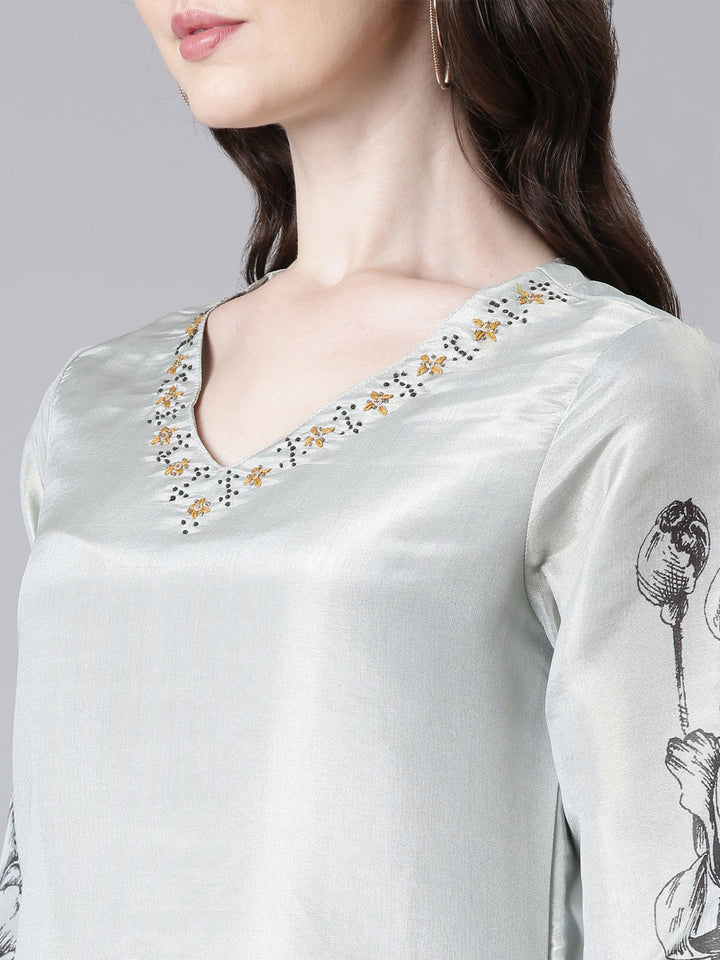 Neerus Grey Printed Straight Kurta and Trousers With Dupatta