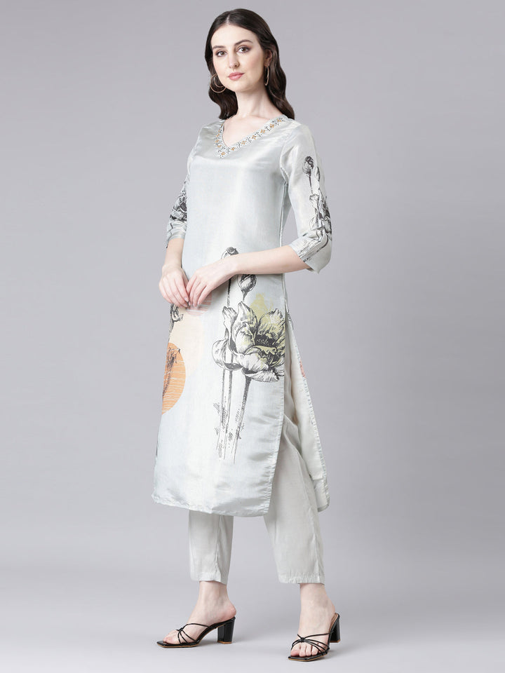 Neerus Grey Printed Straight Kurta and Trousers With Dupatta