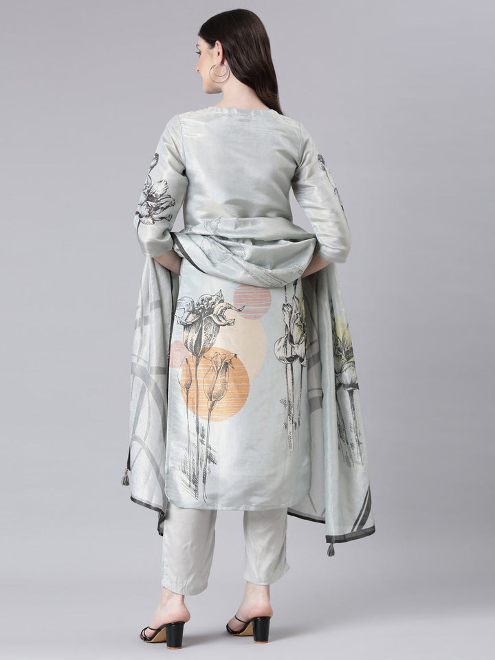 Neerus Grey Printed Straight Kurta and Trousers With Dupatta