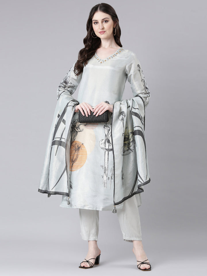 Neerus Grey Printed Straight Kurta and Trousers With Dupatta