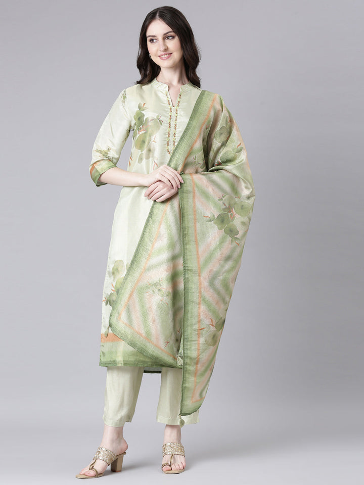 Neerus Lime Green Printed Straight Kurta and Trousers With Dupatta