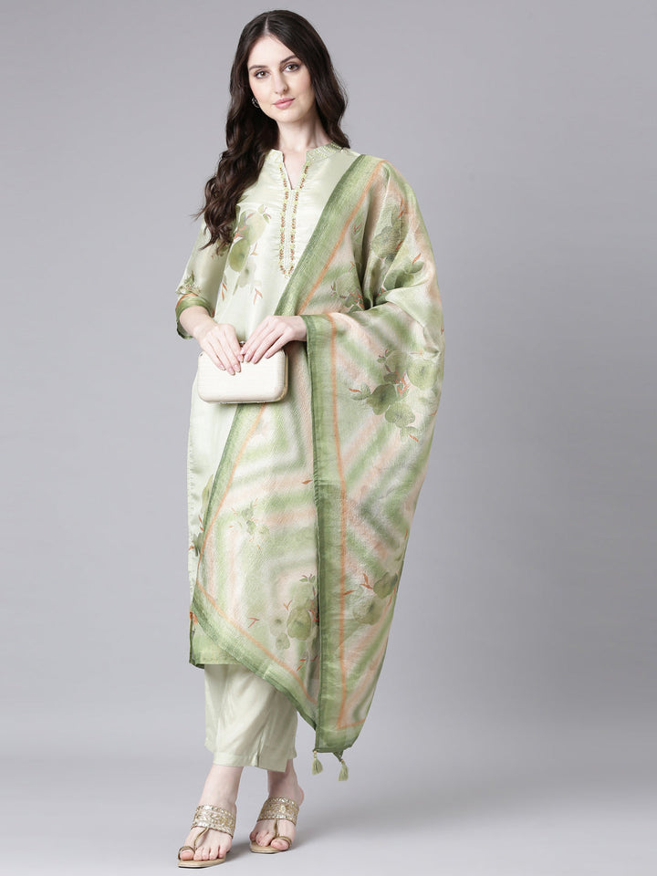 Neerus Lime Green Printed Straight Kurta and Trousers With Dupatta