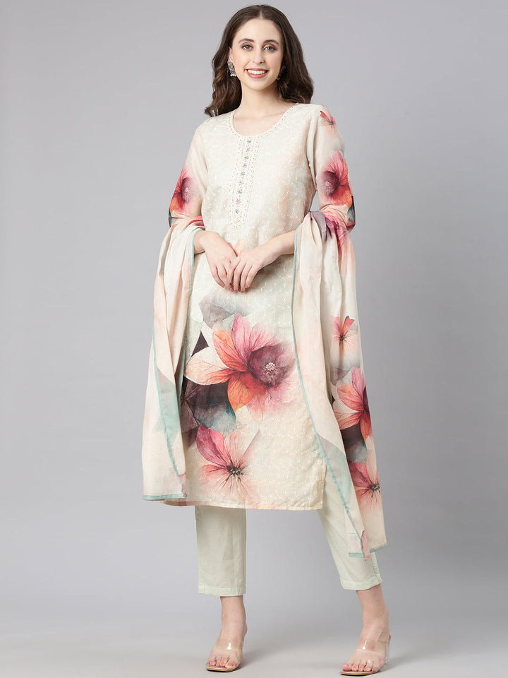 Neerus Green cotton printed suit set - front view