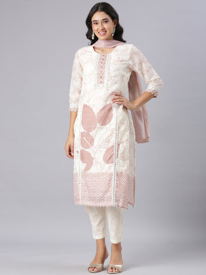 Neerus Cream Printed Straight Kurta And Trousers With Dupatta