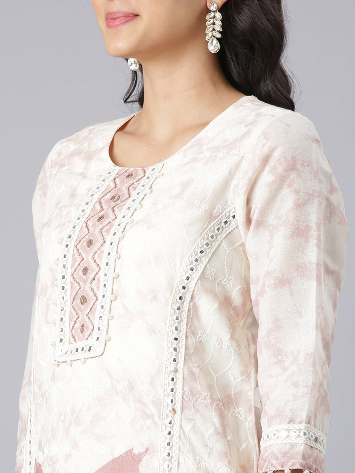 Neerus Cream Printed Straight Kurta And Trousers With Dupatta