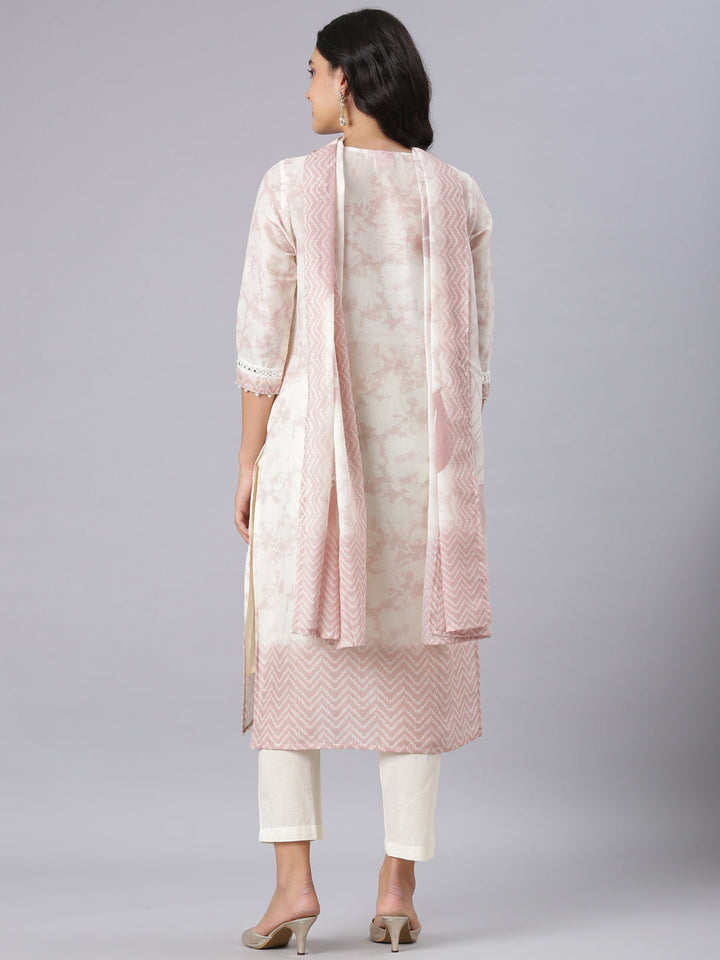 Neerus Cream Printed Straight Kurta And Trousers With Dupatta