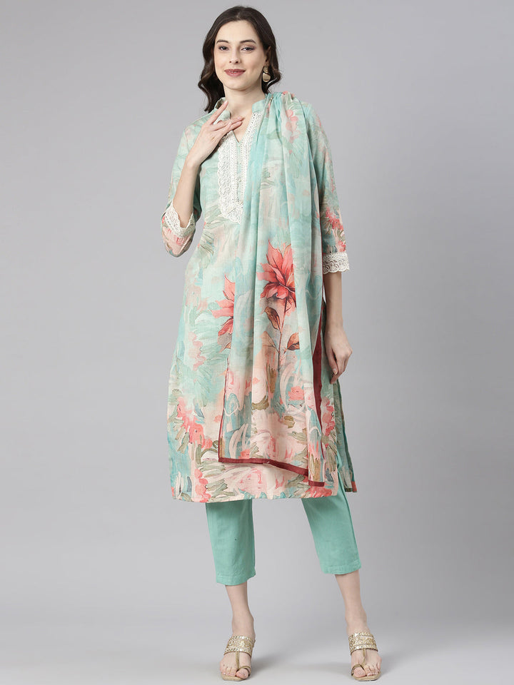 Neerus Green Printed Straight Kurta and Trousers With Dupatta