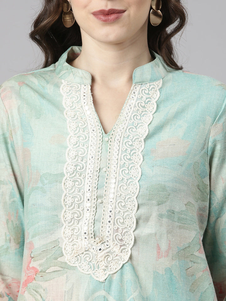 Neerus Green Printed Straight Kurta and Trousers With Dupatta