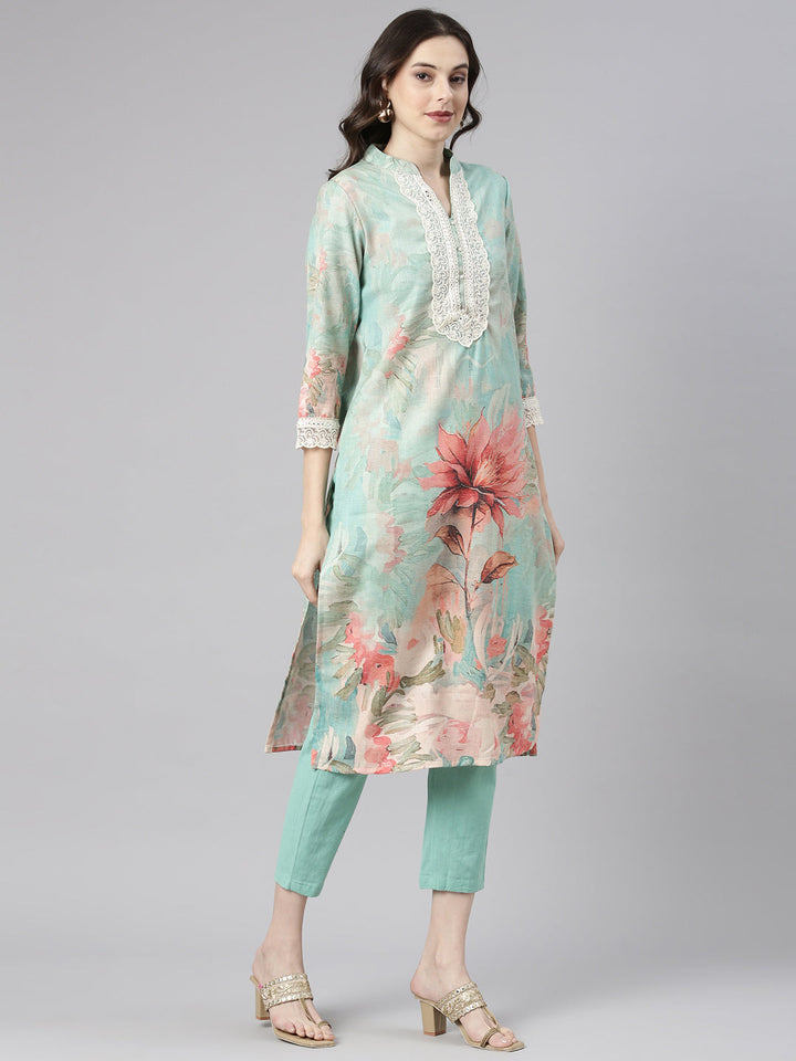 Neerus Green Printed Straight Kurta and Trousers With Dupatta