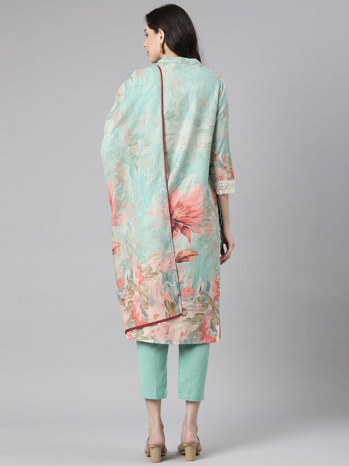 Neerus Green Printed Straight Kurta and Trousers With Dupatta