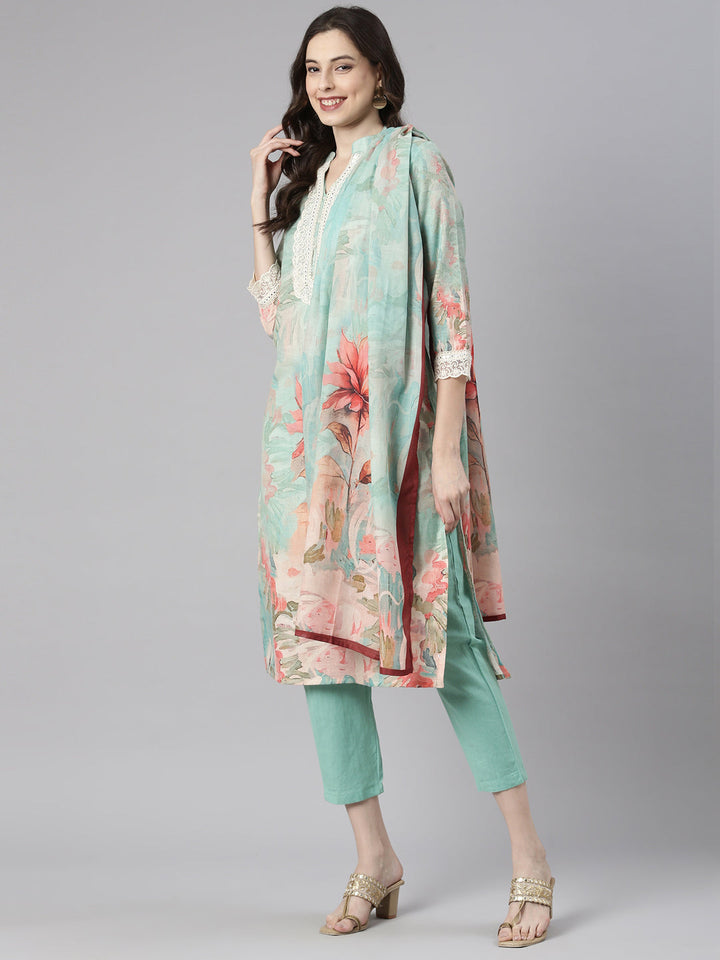 Neerus Green Printed Straight Kurta and Trousers With Dupatta