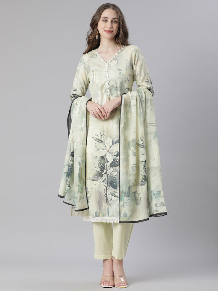 Neerus Green Printed Straight Kurta and Trousers With Dupatta