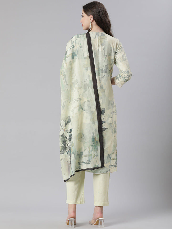 Neerus Green Printed Straight Kurta and Trousers With Dupatta