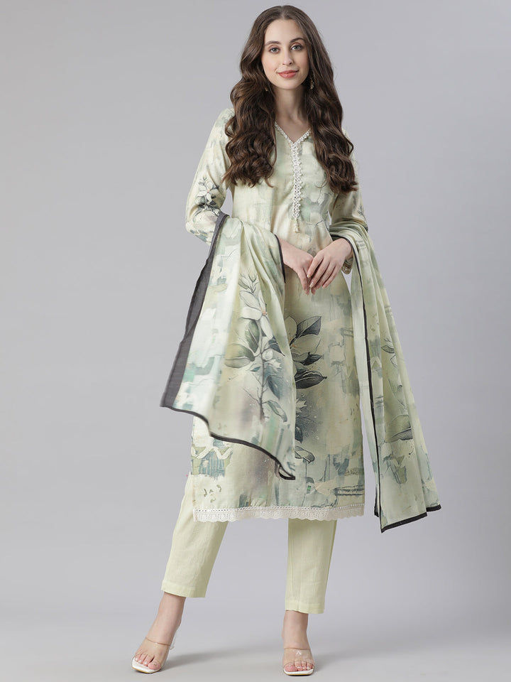 Neerus Green Printed Straight Kurta and Trousers With Dupatta