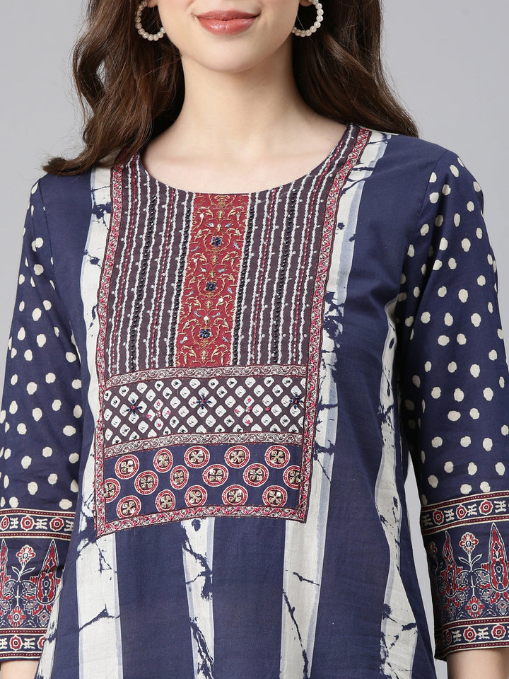 Neerus Navy blue Printed Straight Kurta and Trousers With Dupatta