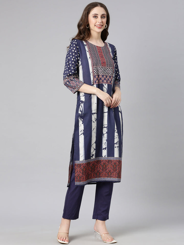 Neerus Navy blue Printed Straight Kurta and Trousers With Dupatta