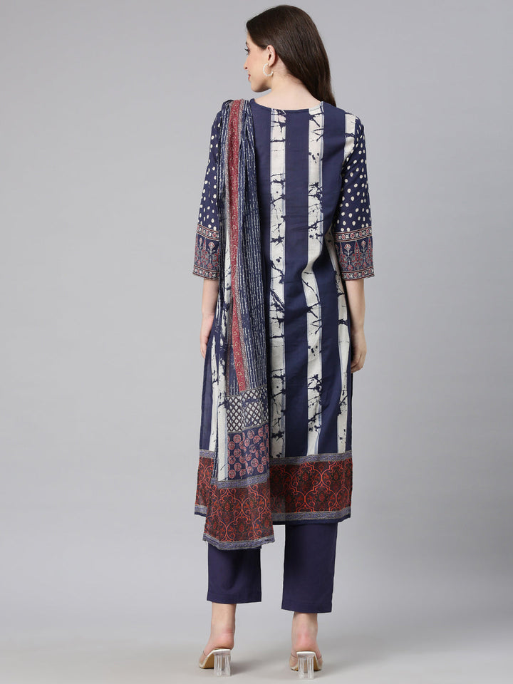 Neerus Navy blue Printed Straight Kurta and Trousers With Dupatta