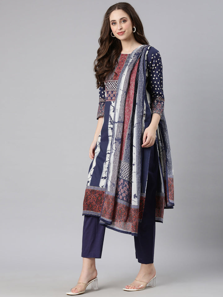 Neerus Navy blue Printed Straight Kurta and Trousers With Dupatta