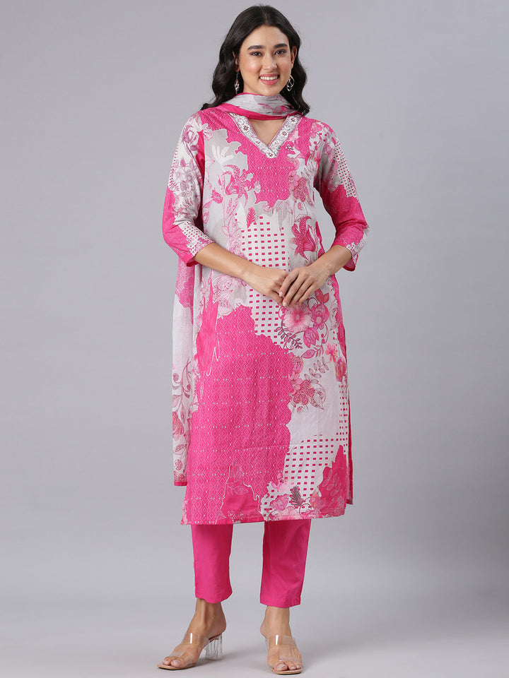 Neerus Pink Printed Straight Kurta And Trousers With Dupatta