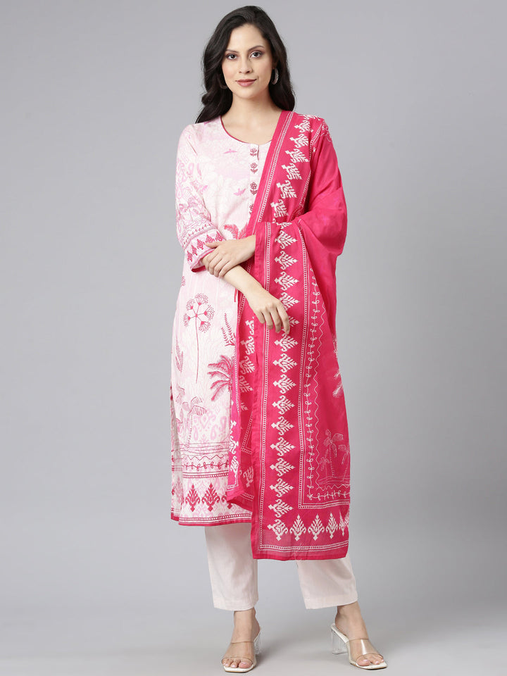 Neerus Pink Printed Straight Kurta and Trousers With Dupatta