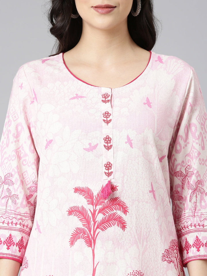 Neerus Pink Printed Straight Kurta and Trousers With Dupatta