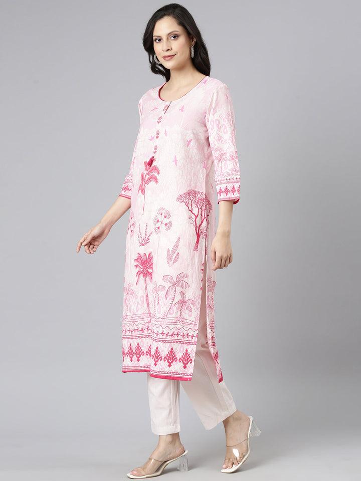 Neerus Pink Printed Straight Kurta and Trousers With Dupatta