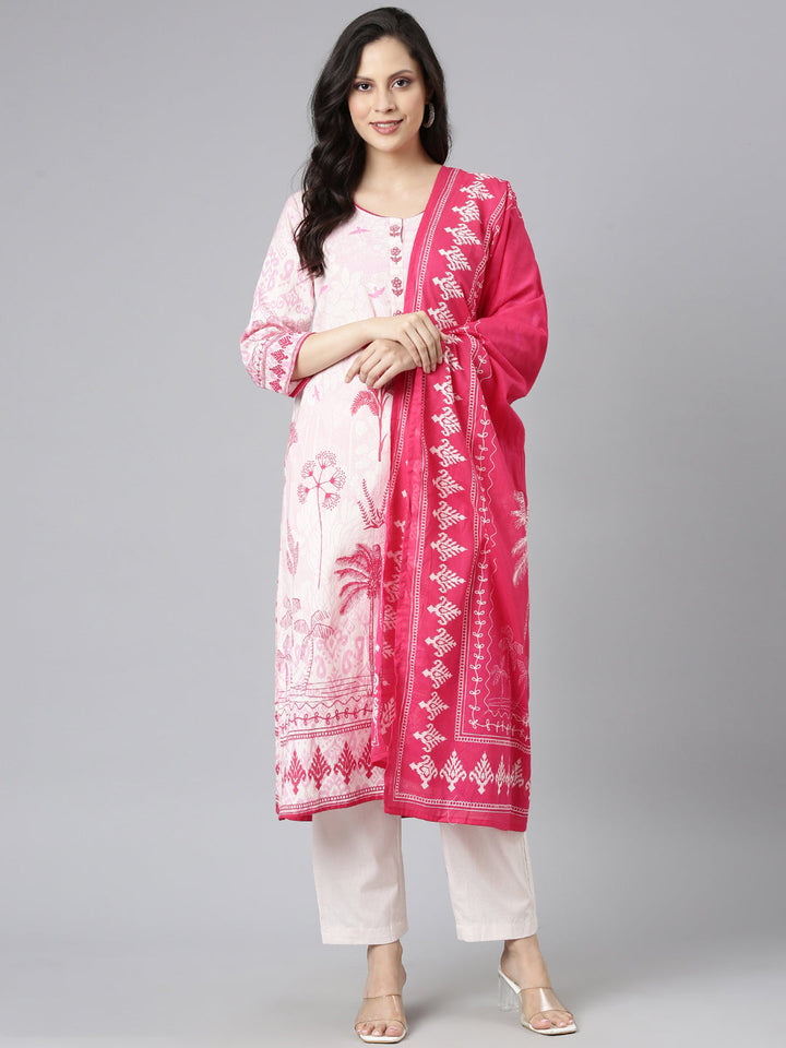 Neerus Pink Printed Straight Kurta and Trousers With Dupatta