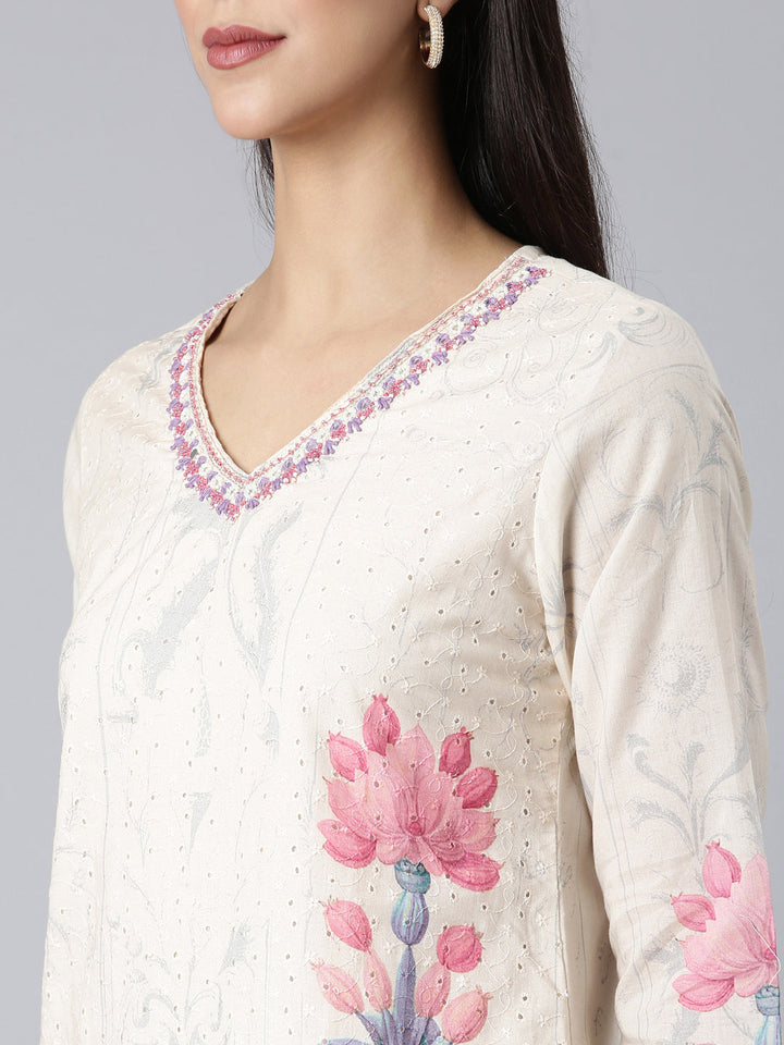 Neerus Cream Printed Straight Kurta and Trousers With Dupatta