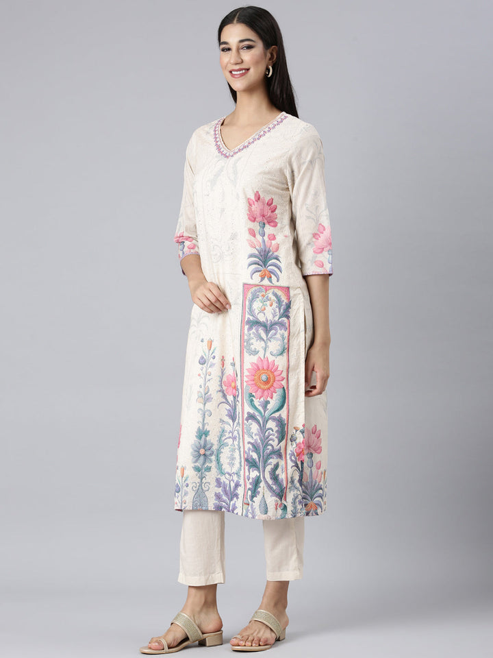 Neerus Cream Printed Straight Kurta and Trousers With Dupatta