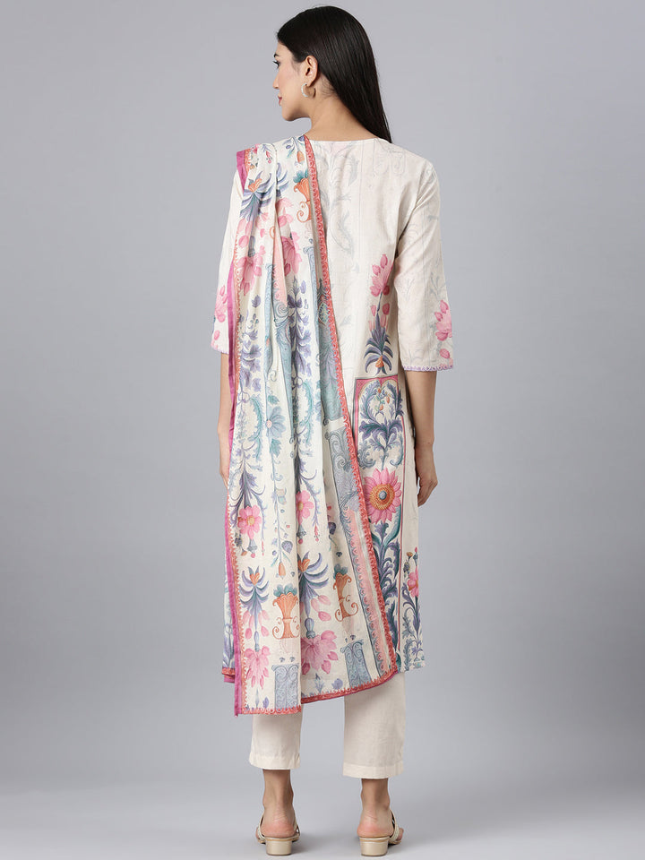 Neerus Cream Printed Straight Kurta and Trousers With Dupatta