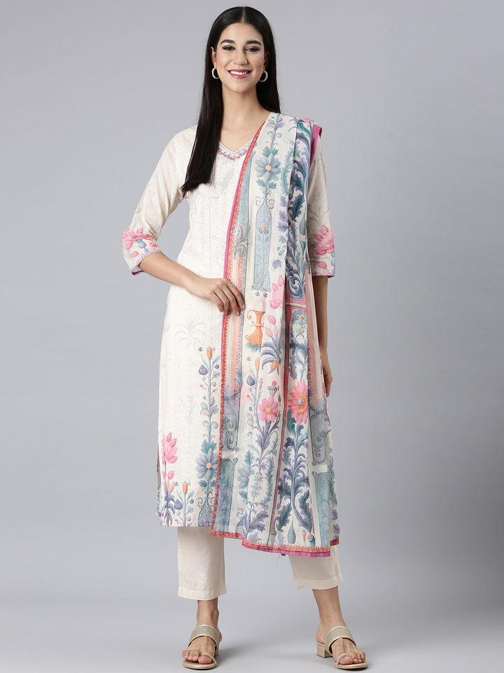 Neerus Cream Printed Straight Kurta and Trousers With Dupatta