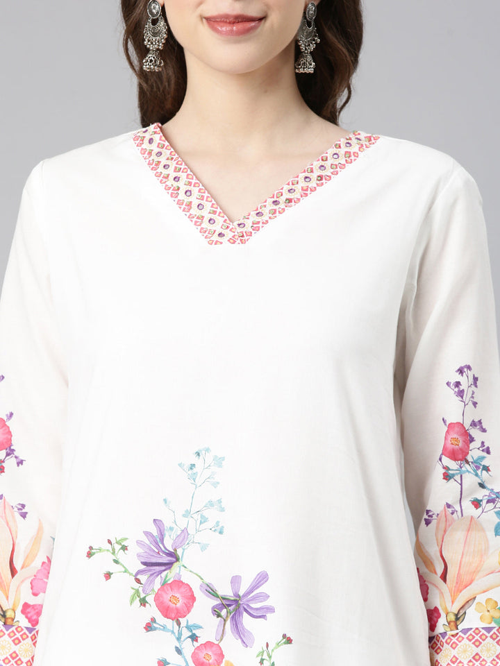 Neerus White Printed Straight Kurta and Trousers With Dupatta