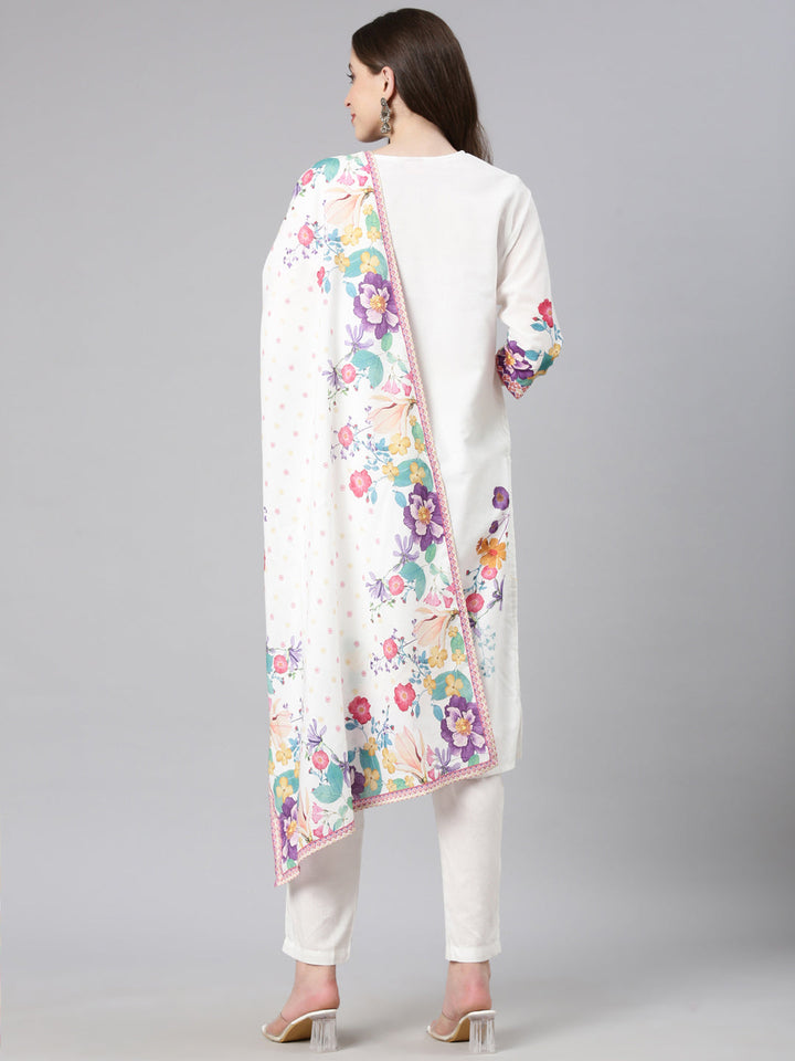 Neerus White Printed Straight Kurta and Trousers With Dupatta