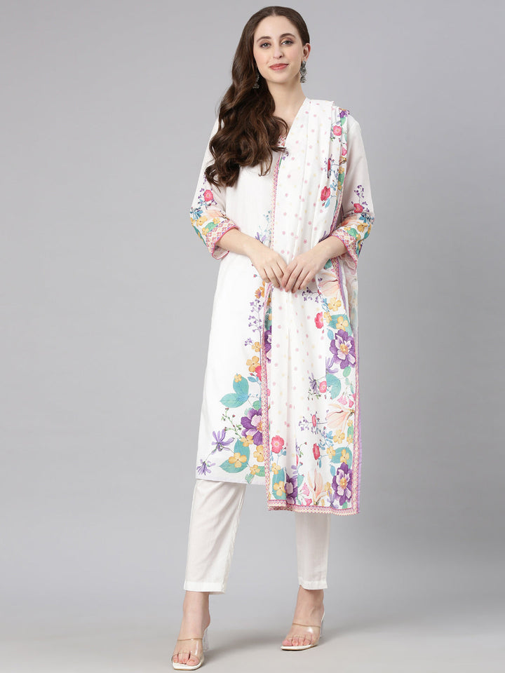 Neerus White Printed Straight Kurta and Trousers With Dupatta