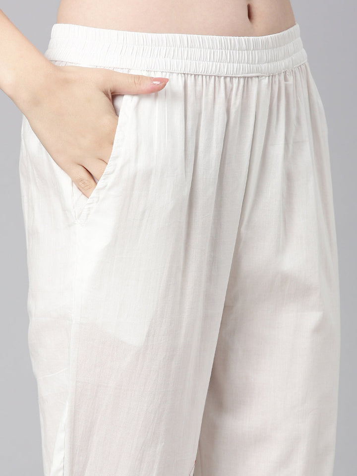 Neerus White Printed Straight Kurta and Trousers With Dupatta