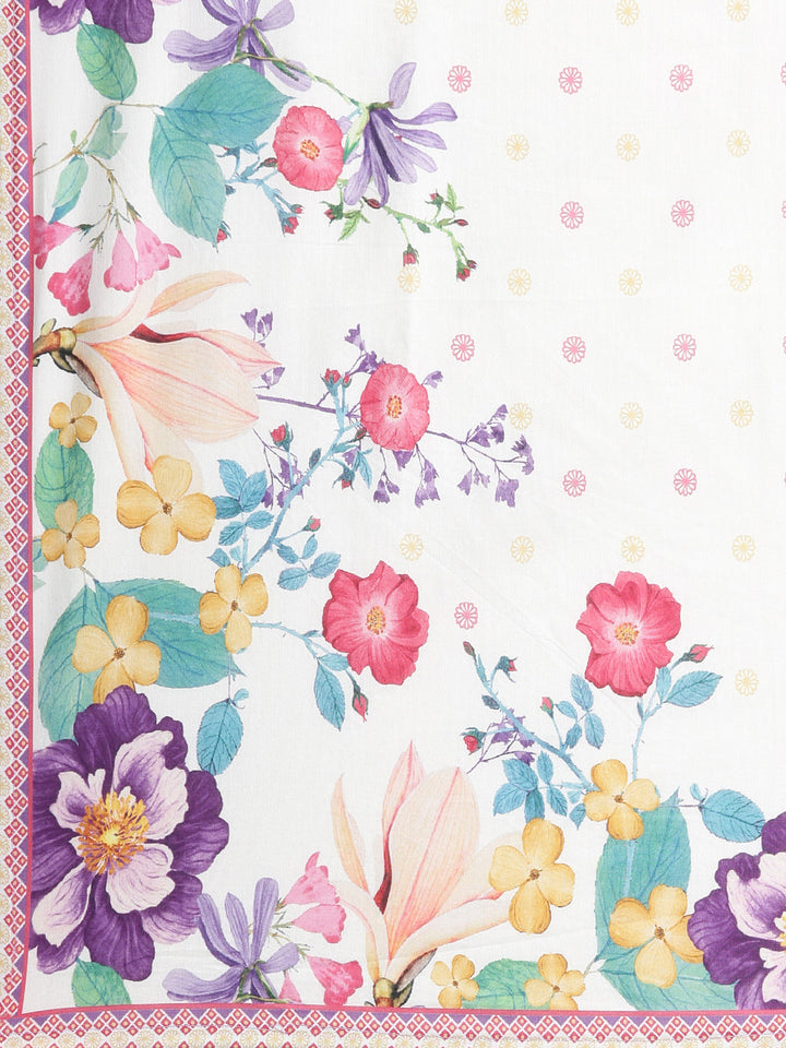 Neerus White Printed Straight Kurta and Trousers With Dupatta