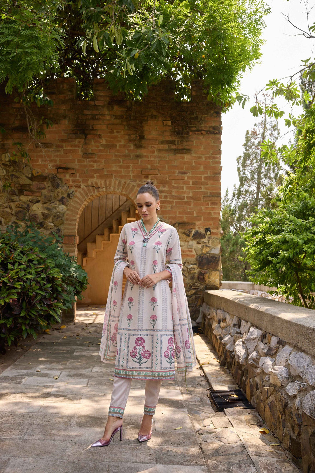 Neerus Beige Viscose Rayon Printed Suit Set - back view
