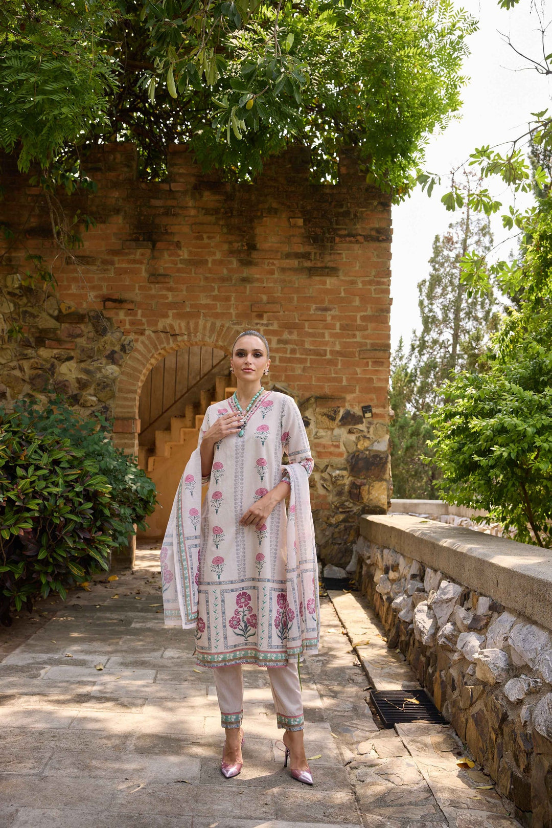 Neerus Beige Viscose Rayon Printed Suit Set - side view
