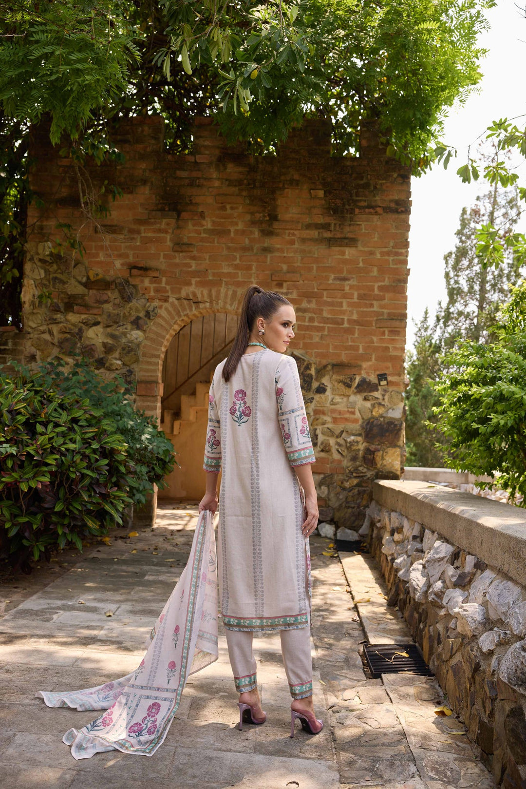 Neerus Beige Viscose Rayon Printed Suit Set - detail view 1
