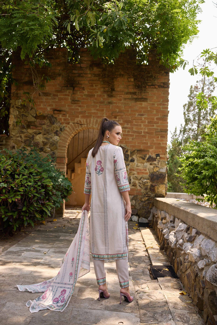 Neerus Beige Printed Straight Kurta and Trousers With Dupatta