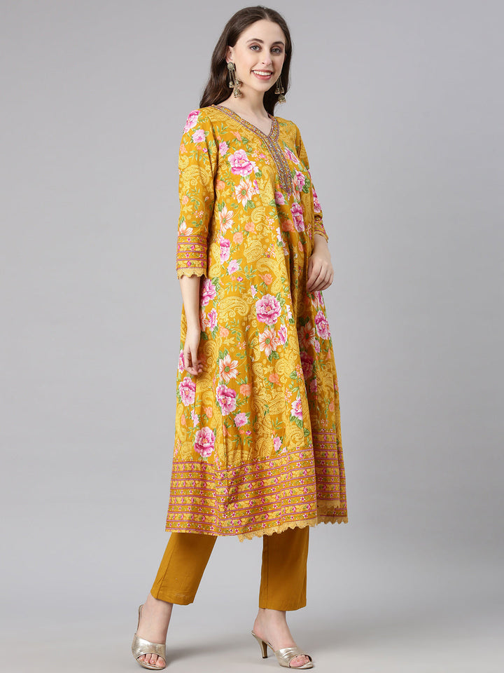 Neerus Mustard Printed Anarkali Kurta and Trousers With Dupatta