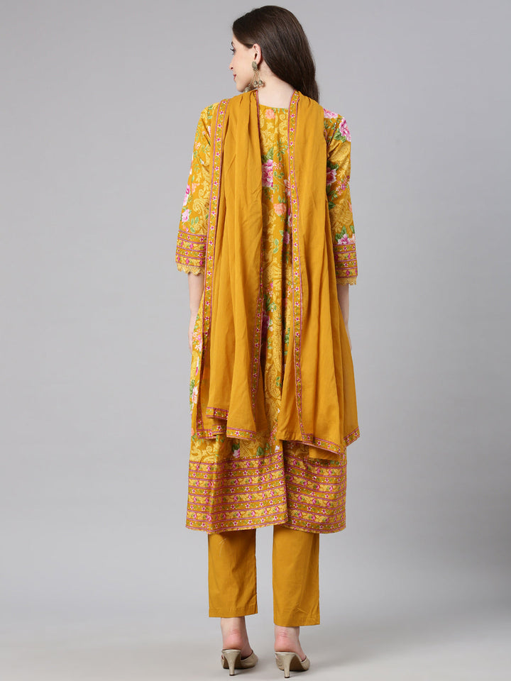 Neerus Mustard Printed Anarkali Kurta and Trousers With Dupatta