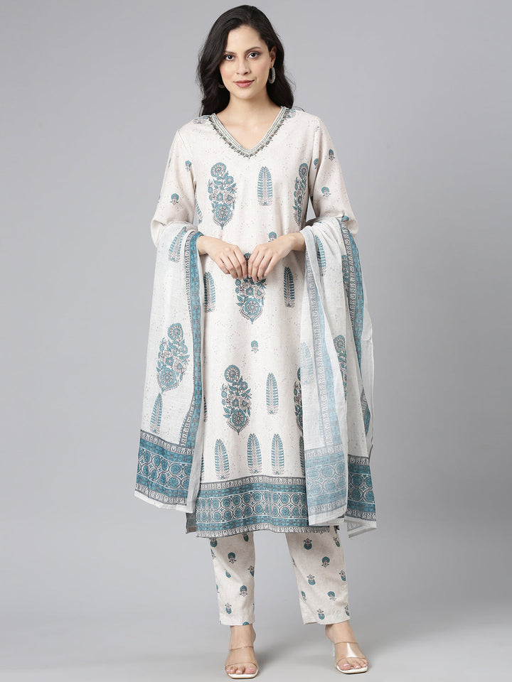 Neerus Beige Printed Straight Kurta and Trousers With Dupatta