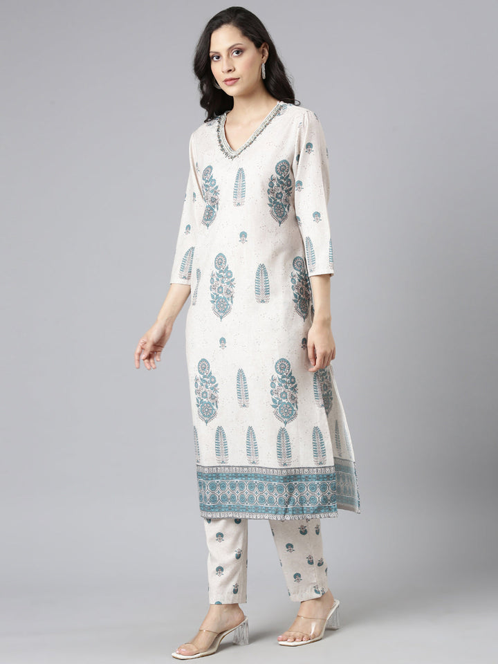 Neerus Beige Printed Straight Kurta and Trousers With Dupatta