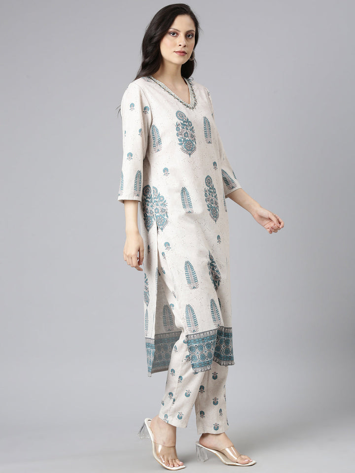 Neerus Beige Printed Straight Kurta and Trousers With Dupatta