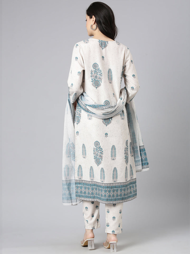 Neerus Beige Printed Straight Kurta and Trousers With Dupatta