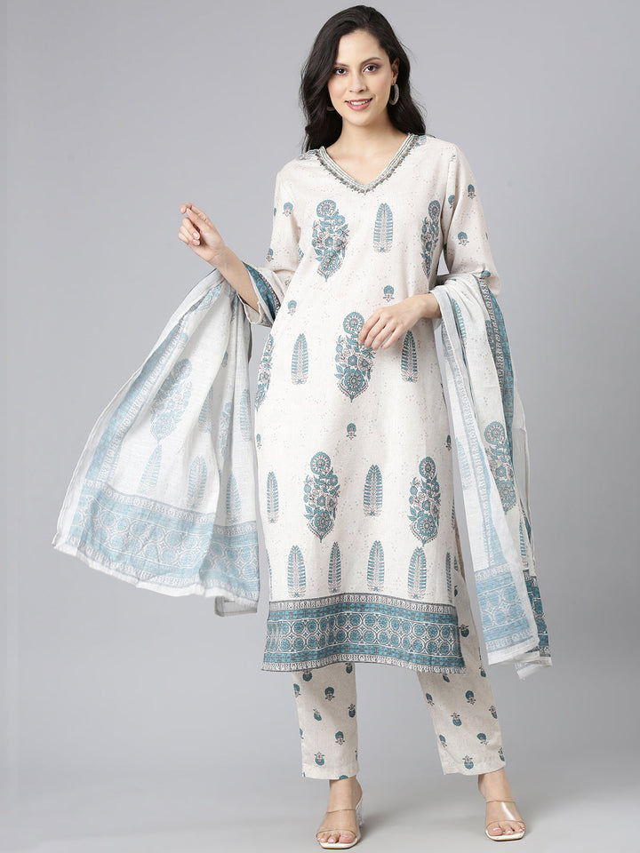 Neerus Beige Printed Straight Kurta and Trousers With Dupatta