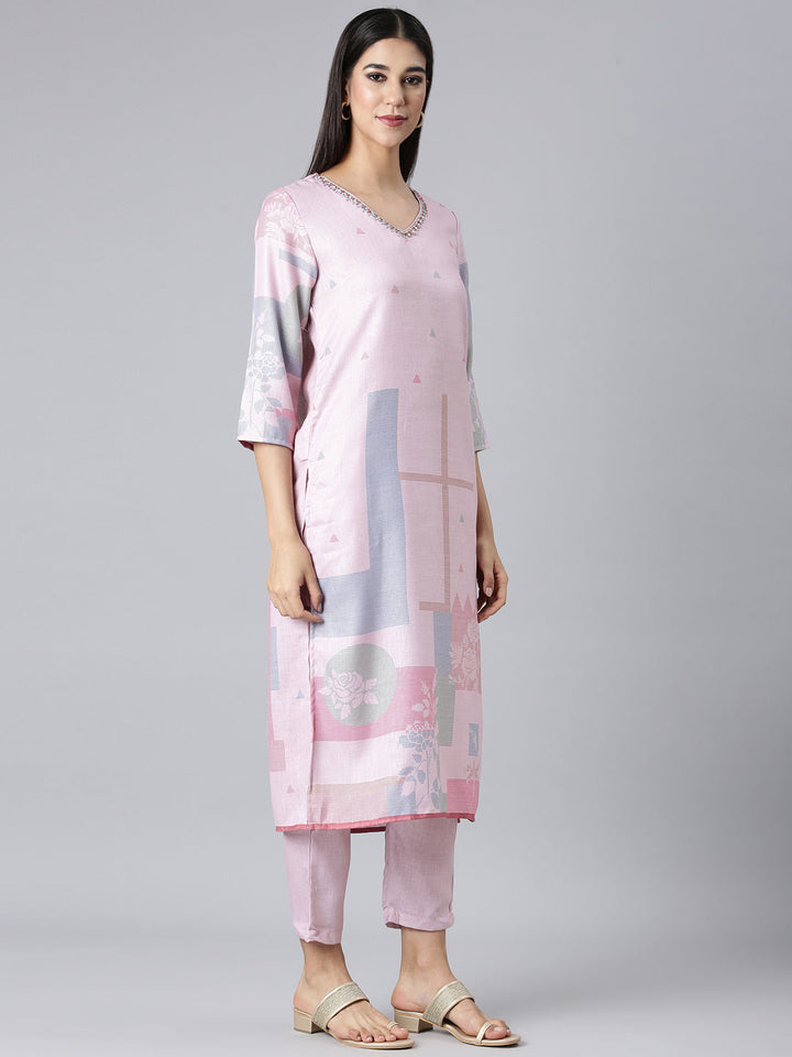 Neerus Pink Solid Straight Kurta and Trousers With Dupatta